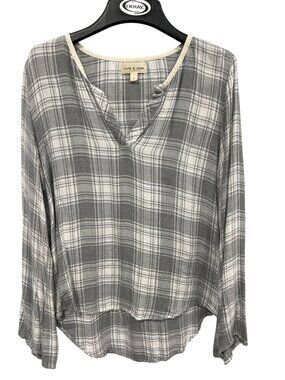 Cloth & Stone Popover Shirt Small Plaid Long Sleeve Gray Cream Preppy Academia
